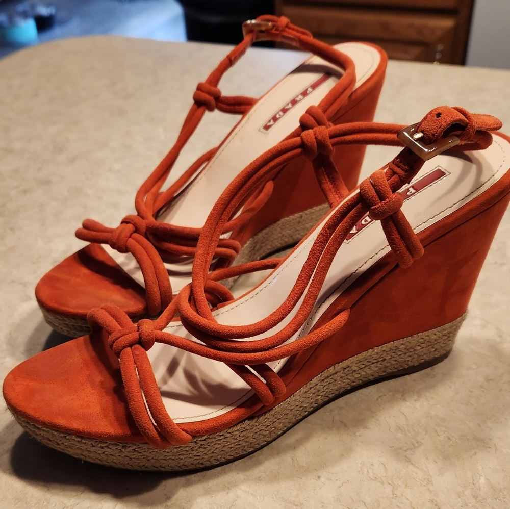 Prada Red/orange Strappy Suede Wedge Espadrilles